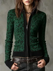 Gruener Leo-Print Reissverschluss Cardigan, schmale Strickjacke, Retro Stil Damen.