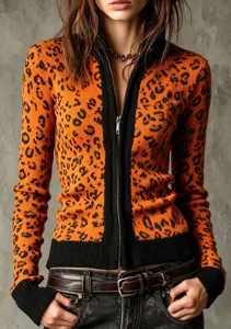 Damen Herbst Retro Leo Print Slim Reissverschluss Cardigan Modische Freizeitjacke