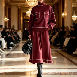 Knitwear detail view, burgundy turtleneck sweater and matching skirt with contrast white piping.