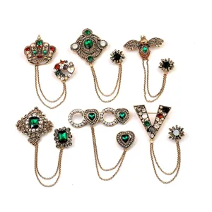 Vintage Barock Smaragd Strass Brosche Für Damen Königlicher Hofstil Legierung Künstliche Perle Doppelkette Reversnadel Schmuck Geschenk