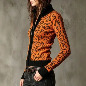 Retro Leopardenmuster schmale Damen Strickjacke Reißverschluss Herbst Winter Pullover.