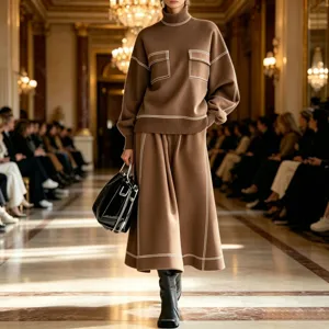 Detail view of the brown knitted two-piece set with elegant white contrast trim design.