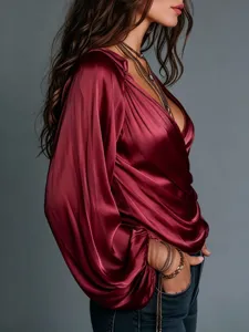 Women's soft silk satin V-neck wrap long sleeve blouse elegant wine red shirt top