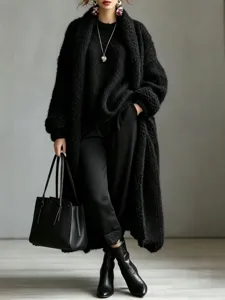 Élégant manteau long noir en imitation cachemire pour femme style automne-hiver chic