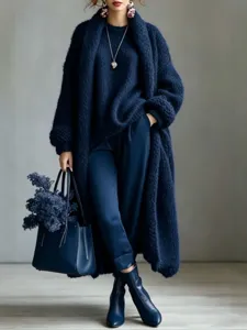 Manteau long bleu marine en faux cachemire pour femme, style d'hiver ample et oversize