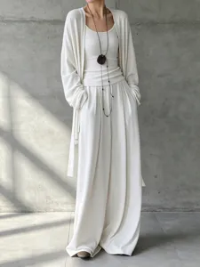 Completo Casual da Donna Vintage in Maglia Tinta Unita Top And Bottom Cardigan Lungo Canotta e Pantaloni a Gamba Larga