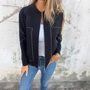 Women black stand collar zipper jacket casual stylish outerwear daily fashion coat