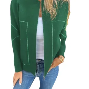 Women Green Zip Up Knit Jacket Fall Casual Stand Collar Wool Blend Outerwear Fashion