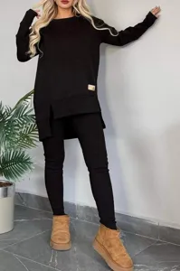 Casual solid color long sleeve split top and pants set, perfect autumn winter women daily wear.