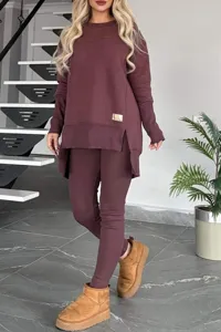 Women winter solid thermal sweatshirt split long sleeve top and leggings set casual apparel.