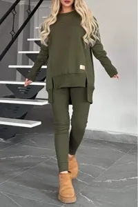 Olive green thermal tracksuit set featuring a crewneck long sleeve split hem top and leggings.