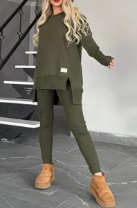 Olive green long sleeve sweatshirt split hem thermal fleece two-piece outfit detail view