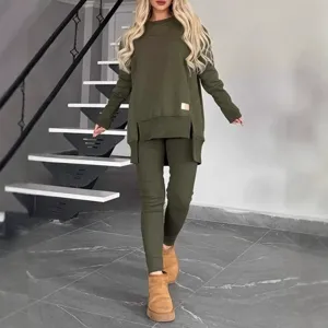 Women Casual Solid Color Long Sleeve Crew Neck Sweatshirt And Leggings Set Fleece Lined Winter Two Piece Tracksuit