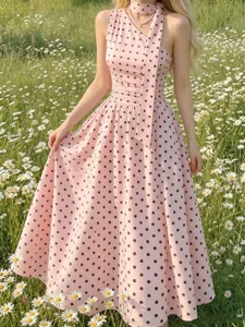Detailed view of the elegant pink polka dot halter summer dress in a romantic daisy flower field.