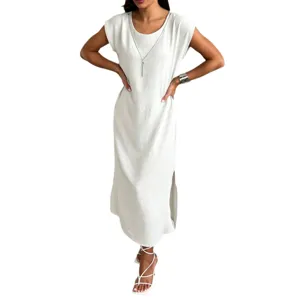 Summer sleeveless midi dress with side slit for women casual white elegant fashion apparel