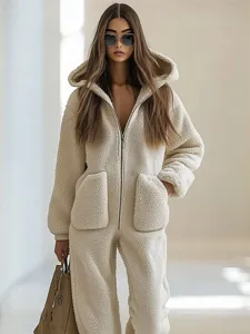 Comfortable beige fleece hooded jumpsuit featuring functional pockets for winter daily wear.
