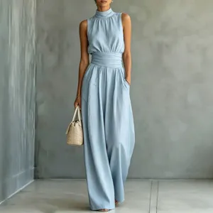 Women light blue sleeveless high neck wide leg jumpsuit summer casual long pants outfit