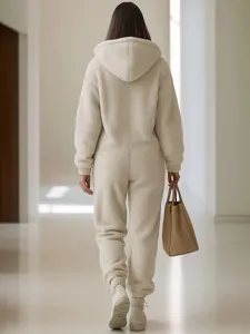 Women cozy fleece hooded jumpsuit solid color casual warm winter long pants loungewear.
