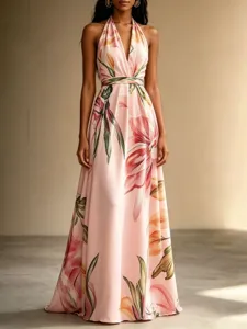 Detailed view of the summer floral halter maxi dress, featuring elegant backless resort style.