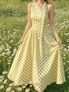 French polka dot halter dress women summer new slim waist A-line long vintage elegant vacation style