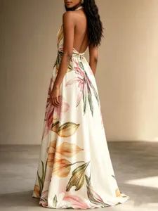 Elegant floral print maxi dress back view showcasing the halter neck and backless design details