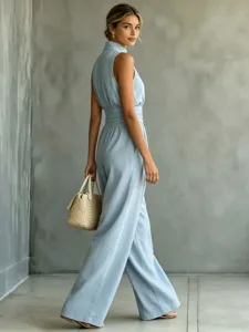 Elegant sleeveless high-neck wide-leg jumpsuit detail shot, solid casual fashion style for summer.