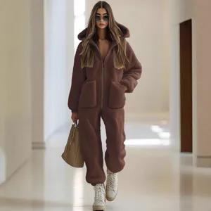 Women Winter Hooded Fuzzy Fleece Jumpsuit Casual Loose Warm Long Sleeve Onesie Pocket