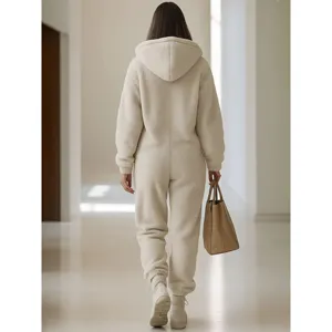Women winter fleece hooded jumpsuit loose casual cozy plush long pants streetwear outfit