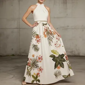 Women's Halter Neck Tropical Floral Print Maxi Dress Elegant Sleeveless High Waist Evening Party Long Dress Resort Style