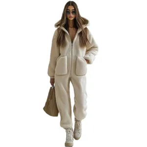 Women cozy sherpa fleece hooded jumpsuit winter warm casual long sleeve romper outfit