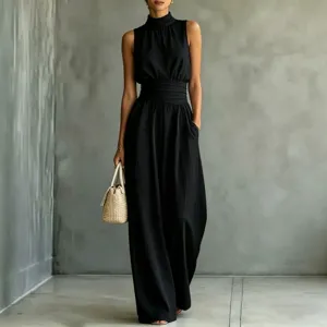 Detailed view of women's sleeveless mock neck wide leg jumpsuit in elegant solid black.