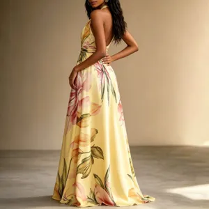 Elegant floral halter long dress for women, backless summer beach vacation maxi dress.