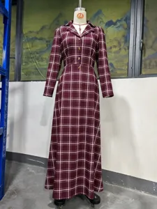 Vestido largo elegante de cuadros con mangas largas y botones para mujeres otoño invierno.