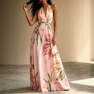 Floral print halter maxi dress, backless elegant resort wear swing long dress for summer.