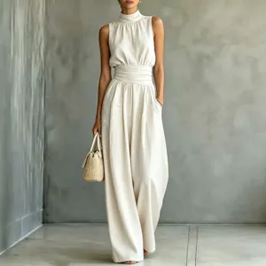Women summer sleeveless high neck wide leg solid casual fashion long jumpsuit detail