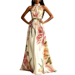 Stunning floral print halter maxi dress for women, elegant backless summer vacation wear.