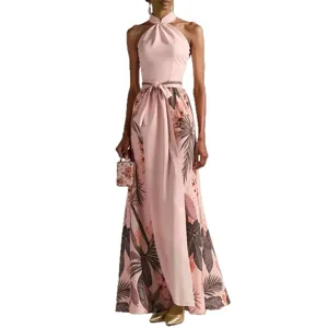 Elegant floral print long evening dress, resort style halter neck maxi dress for summer.
