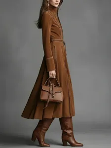Elegant retro suede zip long dress with belted waist for women autumn winter fashion detail view