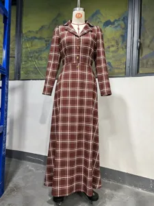 Vestido largo de cuadros con solapa y manga larga otoño invierno elegante mujer
