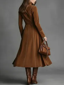 Women autumn winter vintage suede long dress elegant belted long sleeve maxi dress stylish outfit