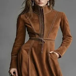 Brown suede long dress detail featuring high collar, front zipper and contrast stitching.