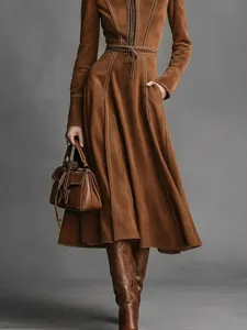 Elegant retro brown suede long dress with belted waist for autumn winter women fashion style