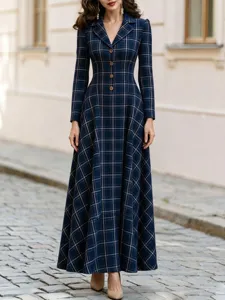 Vestido largo elegante de cuadros manga larga vintage solapa botones estilo retro