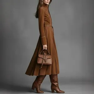 Elegant autumn winter vintage suede long dress with front zip and waist belt for women.