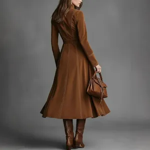 Elegant retro suede long dress featuring a cinched waist and contrast stitching for autumn.