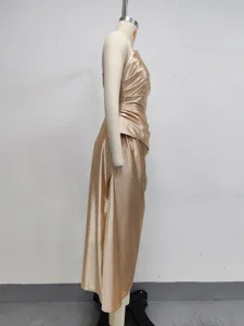 Satin one shoulder sleeveless midi dress elegant summer slim fit evening party gown apparel