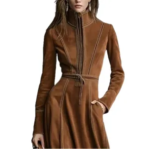 Elegant retro brown suede long sleeve maxi dress with high collar, zip front and waist tie.