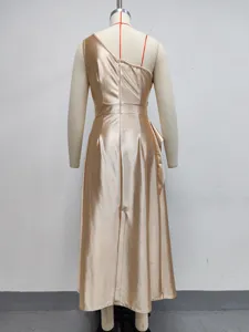 Back detail of elegant satin one-shoulder sleeveless waist-cinched midi evening dress.