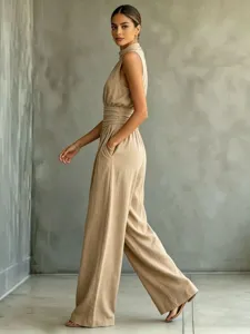 Sleeveless high-neck wide-leg jumpsuit detail, solid color casual fashion long pants style.