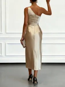 Back view of elegant satin one shoulder midi dress, showcasing fitted waist and smooth fabric.